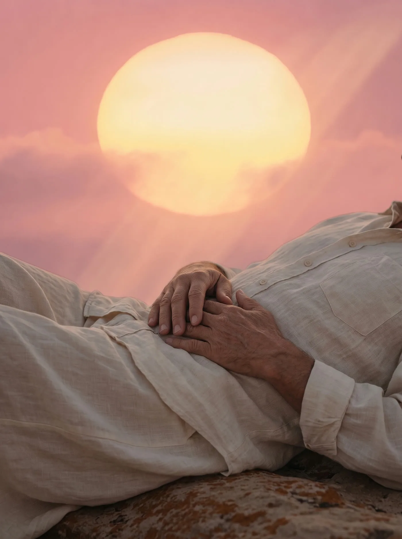 A man lying on sandstone at Laguna dusk, hands resting on cream linen, a huge gold sun in a pink sky.