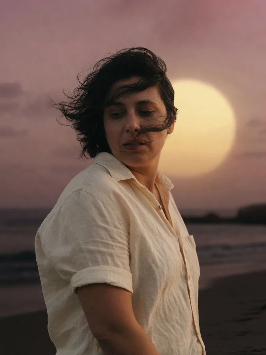 Close portrait at Laguna dusk, eyes lowered, wind in the hair, a huge gold sun over the shoulder.