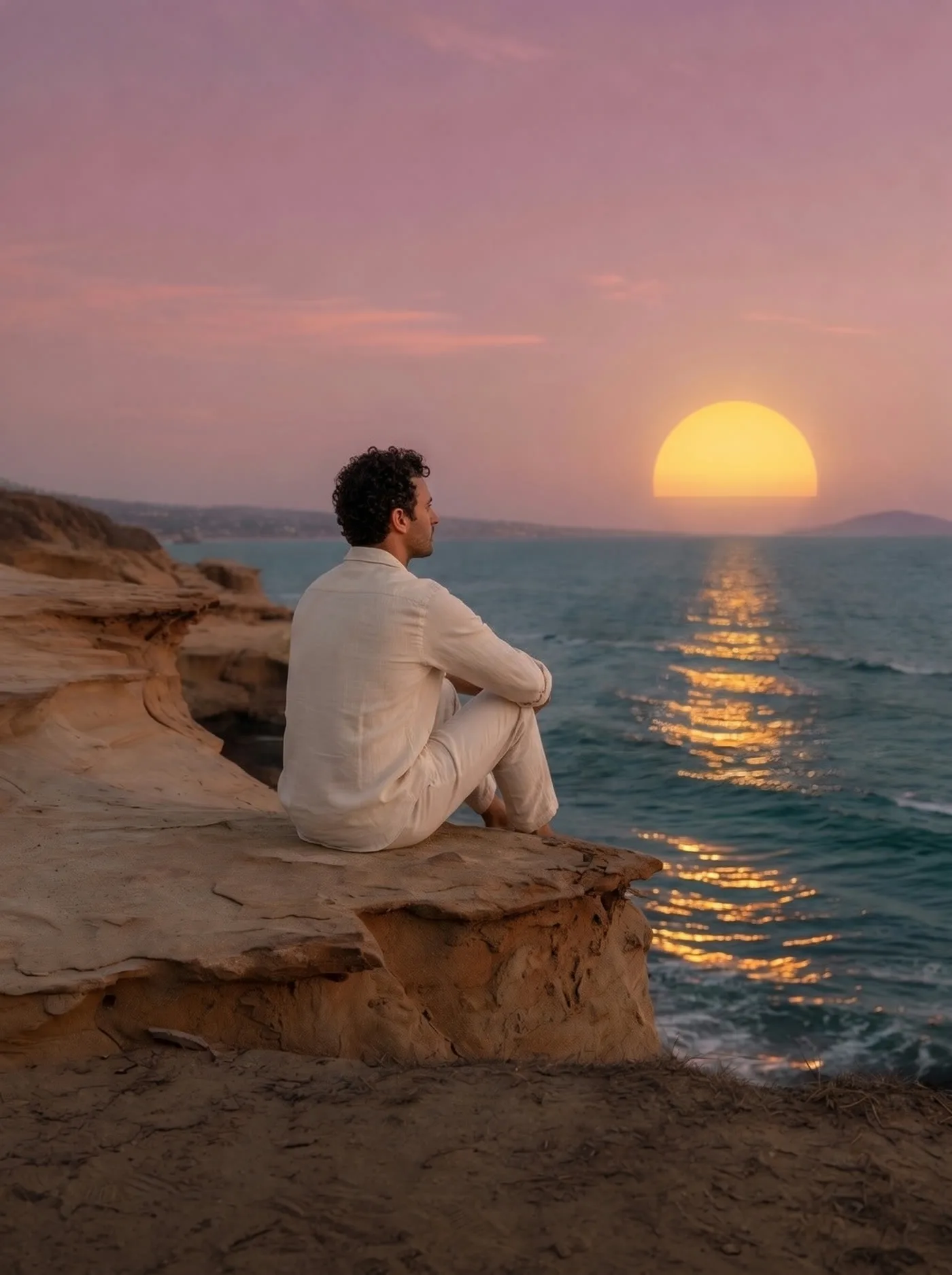 A man sitting on a Laguna sandstone cliff at dusk, looking toward a huge gold sun over the Pacific.