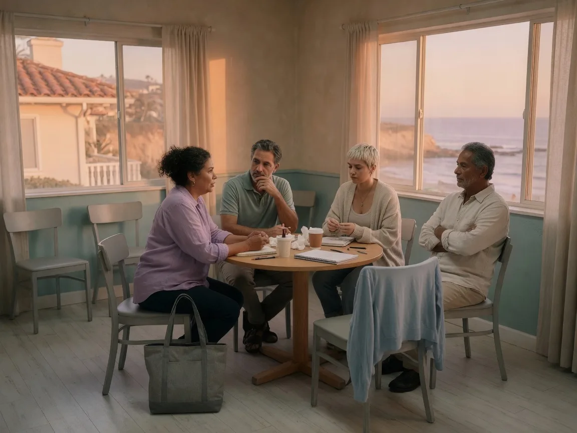 A smaller IOP afternoon group around a table, coastal clinic light.
