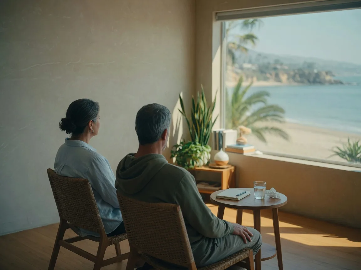 Two people seated in a quiet room by a tall window overlooking the Laguna coast.