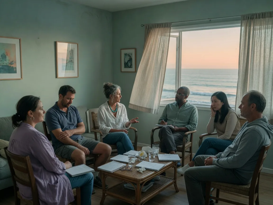A full-day PHP group in a Laguna Beach living room, chairs in a circle.